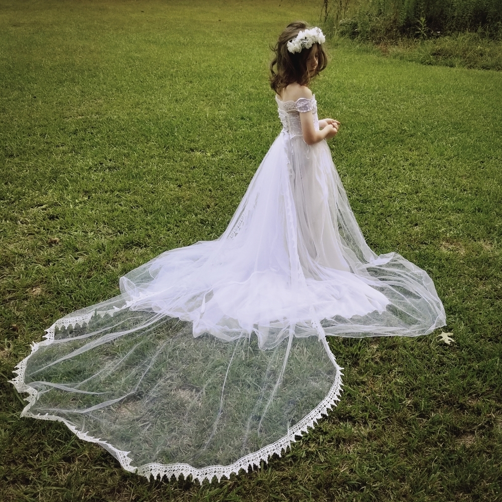 🎄♻️ Child Wedding Dress Train Veil Ghost Bride Photo Dress-up 3 4 5 S Upcycle